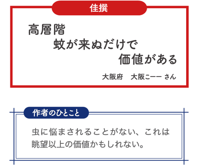 佳選 高層階 蚊が来ぬだけで 価値がある 大阪府 大阪こーーさん 作者のひとこと 虫に悩まされることがない、これは眺望以上の価値かもしれない。