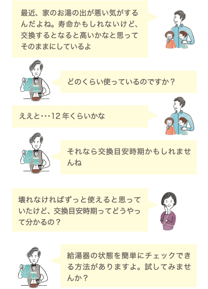 最近、家のお湯の出が悪い気がするんだよね。寿命かもしれないけど、交換するとなると高いかなと思ってそのままにしているよ どのくらい使っているのですか？ ええと・・・12年くらいかな それなら交換目安時期かもしれませんね 壊れなければずっと使えると思っていたけど、交換目安時期ってどうやって分かるの？ 給湯器の状態を簡単にチェックできる方法がありますよ。試してみませんか？