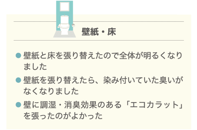 壁紙・床 ・壁紙と床を張り替えたので全体が明るくなりました ・壁紙を張り替えたら、染み付いていた臭いがなくなりました ・壁に調湿・消臭効果のある「エコカラット」を張ったのがよかった