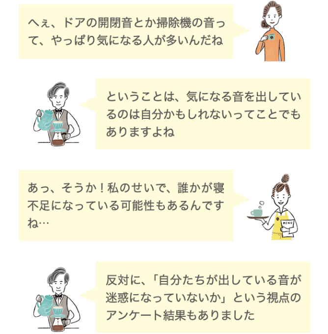 へぇ、ドアの開閉音とか掃除機の音って、やっぱり気になる人が多いんだね ということは、気になる音を出しているのは自分かもしれないってことでもありますよね あっ、そうか！私のせいで、誰かが寝不足になっている可能性もあるんですね&hellip; 反対に、「自分たちが出している音が迷惑になっていないか」という視点のアンケート結果もありました