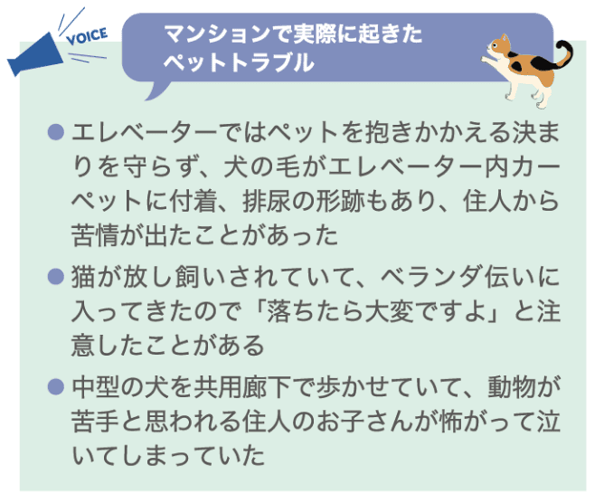 マンションで実際に起きたペットトラブル ・エレベーターではペットを抱き抱える決まりを守らず、犬の毛がエレベーター内カーペットに付着、排尿の形跡もあり、住人から苦情が出たことがあった ・猫が放し飼いされていて、ベランダ伝いに入ってきたので「落ちたら大変ですよ」と注意したことがある ・中型の犬を共用廊下で歩かせていて、動物が苦手と思われる１０人のお子さんが怖がってないてしまっていた