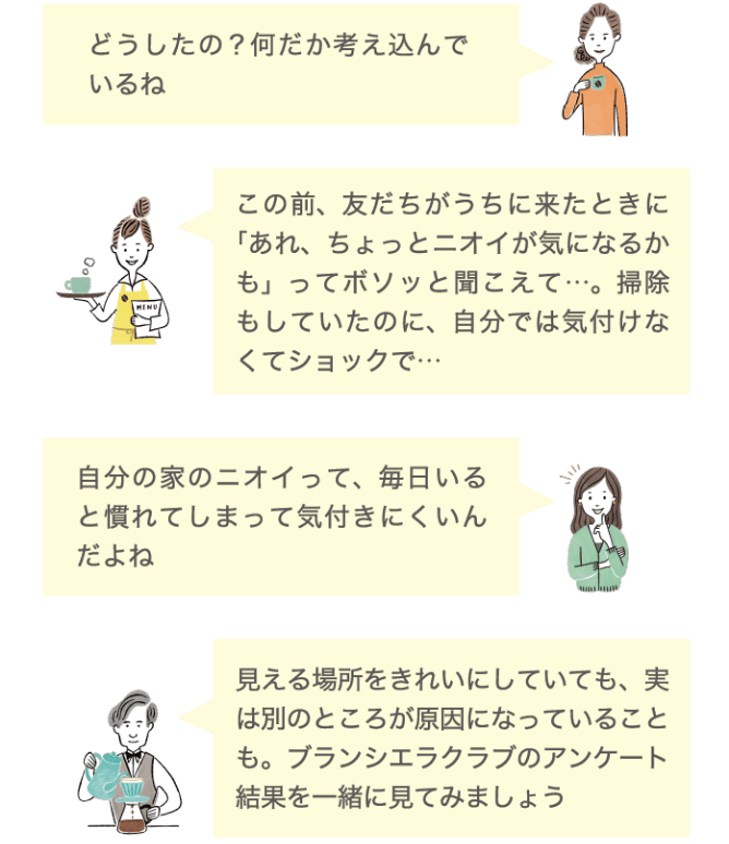 どうしたの？なんだか考え込んでいるね この前、友だちがうちに来たときに「あれ、ちょっとニオイが気になるかも」ってボソッと聞こえて&hellip;。掃除もしていたのに、自分では気づけなくてショックで&hellip; 自分の家のニオイって、毎日いると慣れてしまって気づきにくいんだよね 見える場所をきれいにしていても、実は別のところが原因になっていることも。ブランシエラクラブのアンケート結果を一緒に見てみましょう