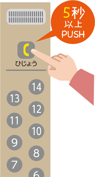 （イメージ画像）エレベーター内の非常ボタンは「5秒以上の長押し」）｜地震で何が起こる？被害軽減へ、今できる備え