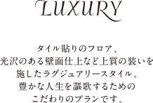 Luxury｜タイル貼りのフロア、光沢のある壁面仕上など上質の装いを施したラグジュアリースタイル。豊かな人生を謳歌するためのこだわりのプランです。
