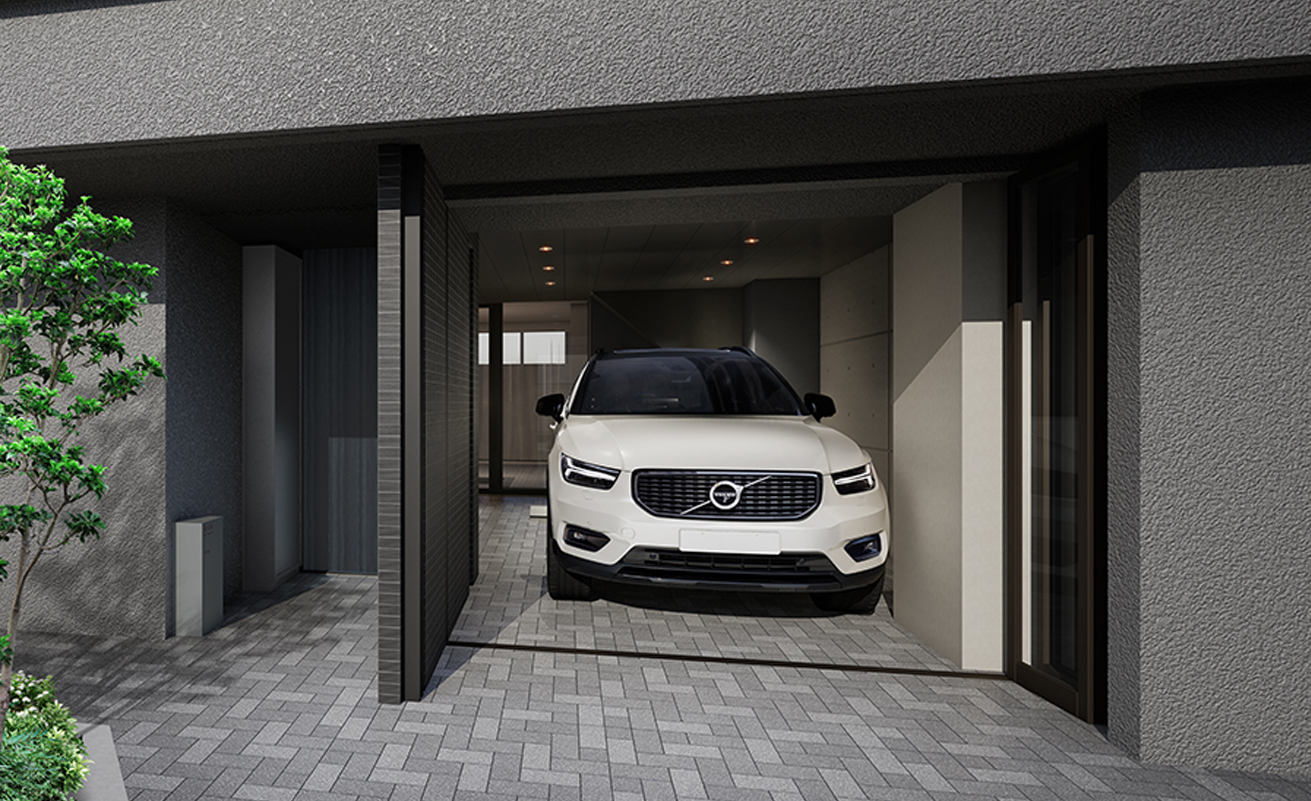 ガレージ付き住戸の完成予想CG シンクとコンセント付きの室内ガレージ