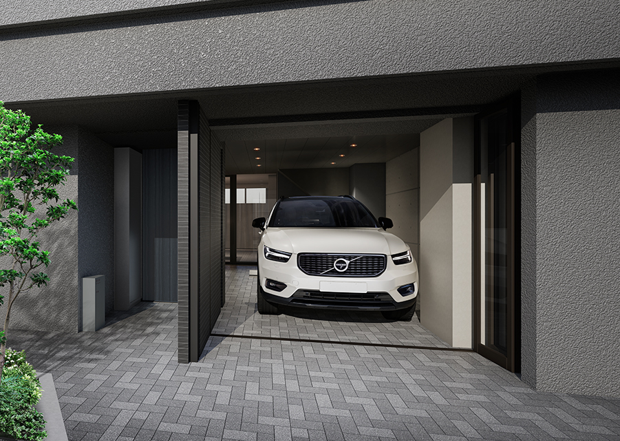 ガレージ付き住戸の完成予想CG シンクとコンセント付きの室内ガレージ