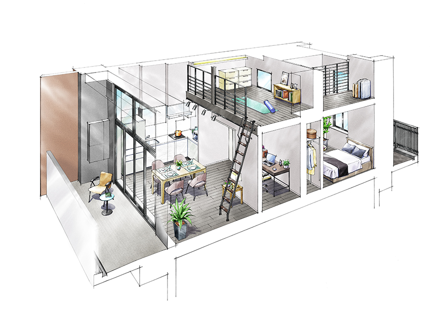 ロフト付き住戸の吹き抜け空間イメージ 天井高3,680mmの開放的なリビングダイニング