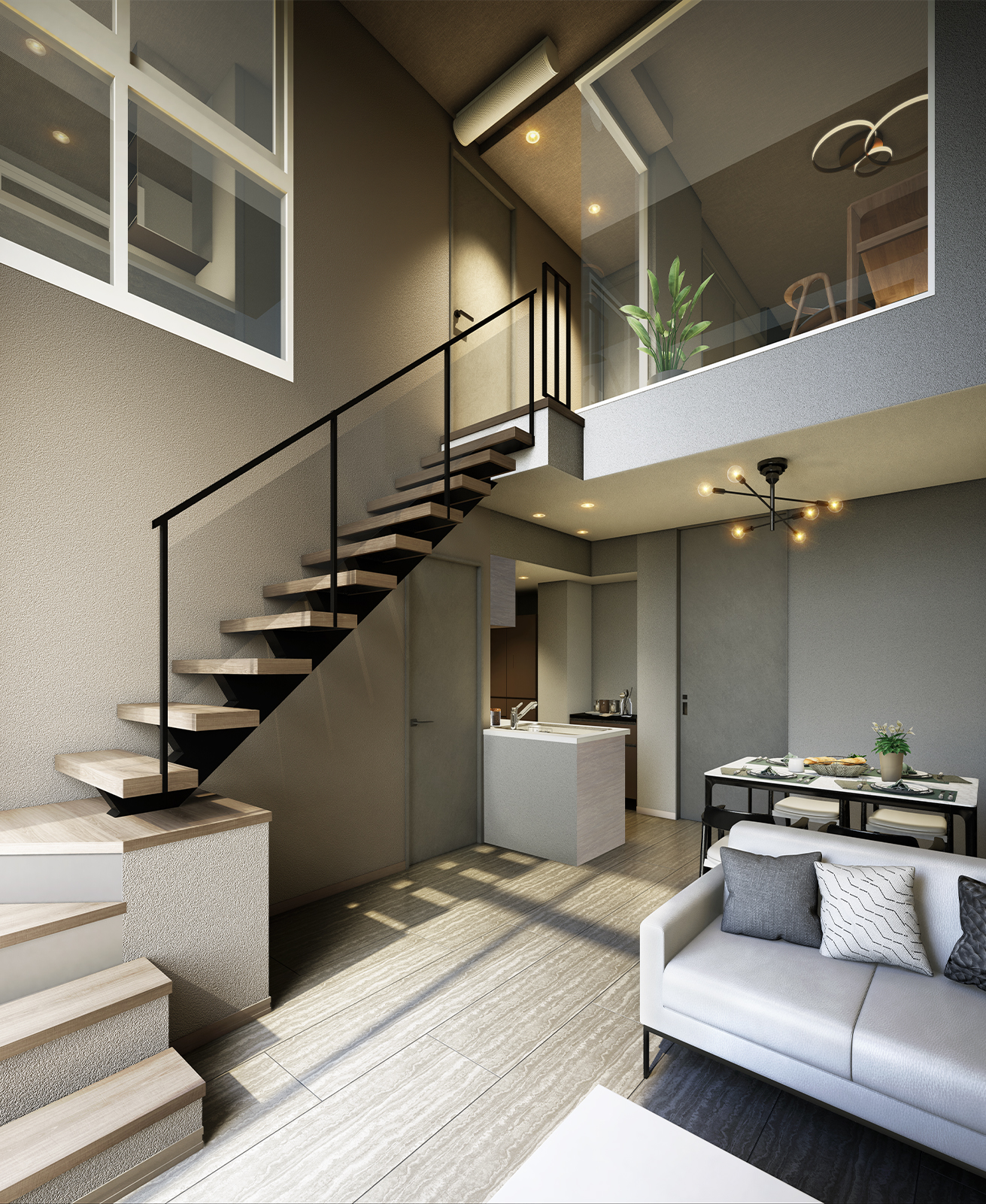 メゾネットタイプのリビング完成予想CG 天井高5,770mmの吹き抜けと高さ4,870mmのハイサッシ