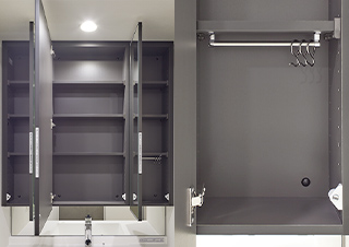 ミラー裏収納+ステンレスパイプ（フック3ヶ所） 撮影写真