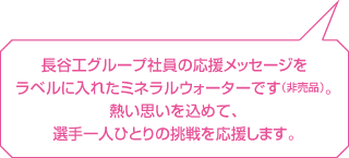 長谷工グループ社員の応援メッセージをラベルに入れたミネラルウォーターです（非売品）。熱い思いを込めて、選手一人ひとりの挑戦を応援します。