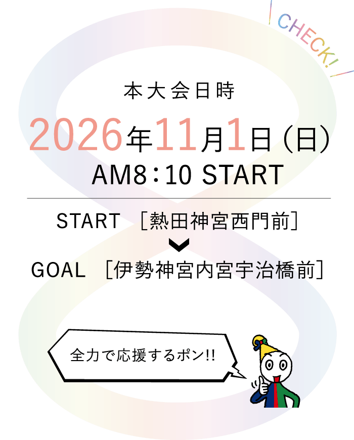 【本大会日時】2026年11月1日（日） AM8：10スタート｜START ［熱田神宮西門前］ ＞ GOAL ［伊勢神宮内宮宇治橋前］
