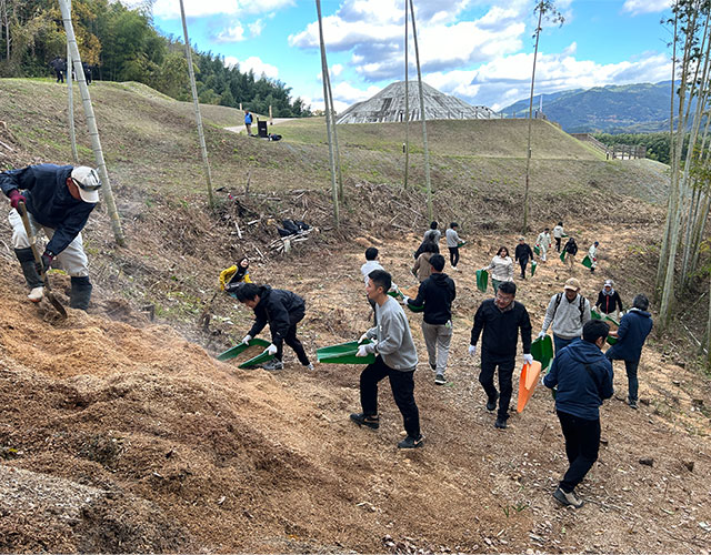 Spreading bamboo chips