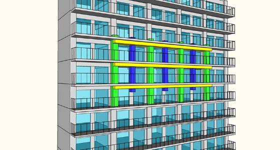 Illustration of Haseko Non-brace Reinforcement Frame Method(Wide flat beams (yellow), reinforcement columns (green), reinforcing intermediate columns (blue))