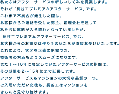 私たちはアフターサービスの新しいしくみを提案します。
それが「長谷工プレミアムアフターサービス」です。
これまで不具合が発生した際は、
お客様からご連絡を受けた売主、管理会社を通して
私たちに連絡が入る流れとなっていましたが、
「長谷工プレミアムアフターサービス」では、
お客様からのお電話は作り手の私たちが直接お受けいたします。
これにより、状況を正確に把握でき、
技術者の対応もよりスムーズになります。
また1～10年に設定していたアフターサービスの期間は、
その期限を2～15年にまで延長します。
アフターサービスもマンションの大切な品質の一つ。
ご入居いただいた後も、長谷工はマンションを
きちんと見守り続けます。