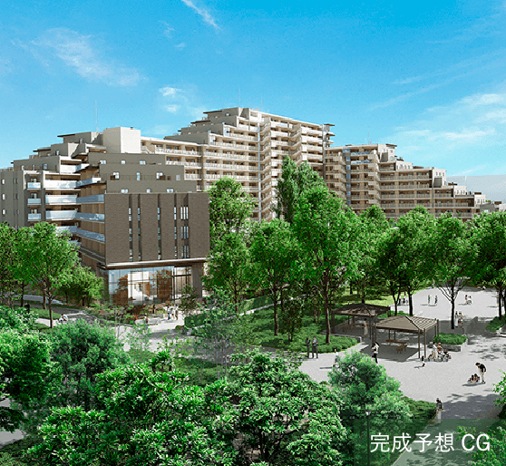 約2,600㎡の緑地を有し、幹線道路に面した南西面