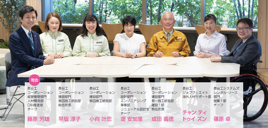 司会：藤原芳雄 長谷工コーポレーション 経営管理部門 人材開発部 D&I推進室 チーフ、早坂 淳子 長谷工コーポレーション 建設部門 第四施工統括部 総合所長、小向 叶恋 長谷工コーポレーション 建設部門 第四施工統括部、堤 安加里 長谷工コーポレーション 設計部門 エンジニアリング事業部 リニューアル設計室 チーフ、成田 義徳 長谷工コーポレーション 建設部門 第一施工統括部 建設1部 特任所長、チャン ティ トゥイ ズン 長谷工ジョブクリエイト 海外人材サポート部、篠原 卓 長谷工システムズ レンタル・リース部門 営業1部 チーフ