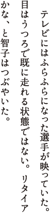 テレビにはふらふらになった選手が映っていた。目はうつろで既に走れる状態ではない。リタイアかな、と智子はつぶやいた。智子が暖をとる炬燵には、夫と5歳の息子が並んで寝ている。この正月は、双方の両親が共に旅行で、智子一家は、結婚以来初めて自宅で新年を迎えることになった。選手が倒れ、再び立ち上がった。目を瞠る智子に「リレーだもん」と眠っていると思った夫が答えた。そうだ。駅伝はリレーだ。タスキを待つ人がいるのだ。彼に立ち上がる力を与えたのはその人だ。そう言えば遅い結婚で近々50歳になる夫が「息子が社会に出るまで頑張らなきゃ」と嬉しそうに笑っていたのを思い出す。タスキを渡したい人がいる人生はいいものだと、智子はふと思う。