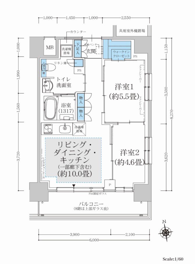 住宅平面図(2LDKタイプ、専有面積48.62㎥)