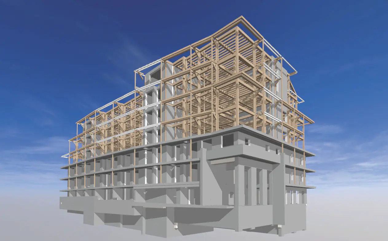 『(仮称)目黒区中央町一丁目計画』木造+RC造 ハイブリッド木造 モデル図