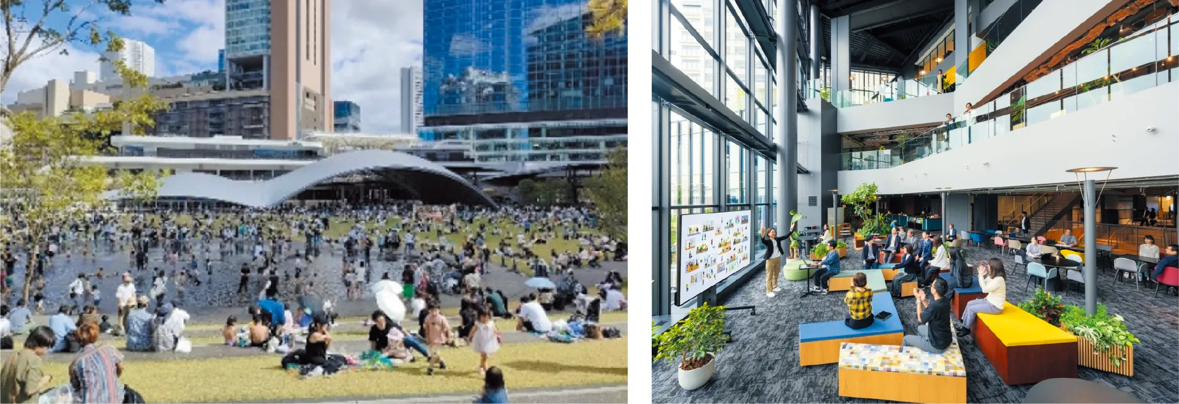 対象となる「公共公益施設」のイメージ 左から広場・公園、イノベーション拠点(グラングリーン大阪):大阪府大阪市