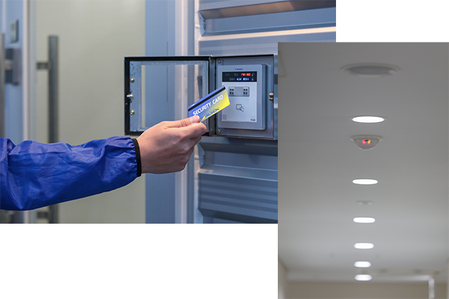 入退室をチェックするアクセス管理システム、監視カメラ・赤外線センサーによる監視システム