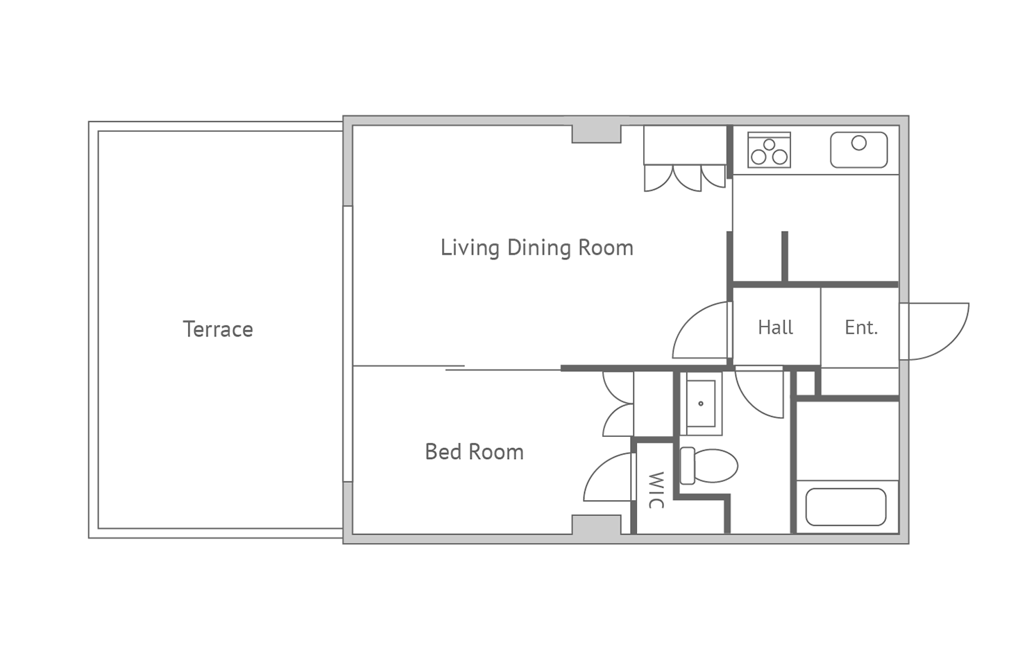 広いテラスが印象的な１LDKの間取り