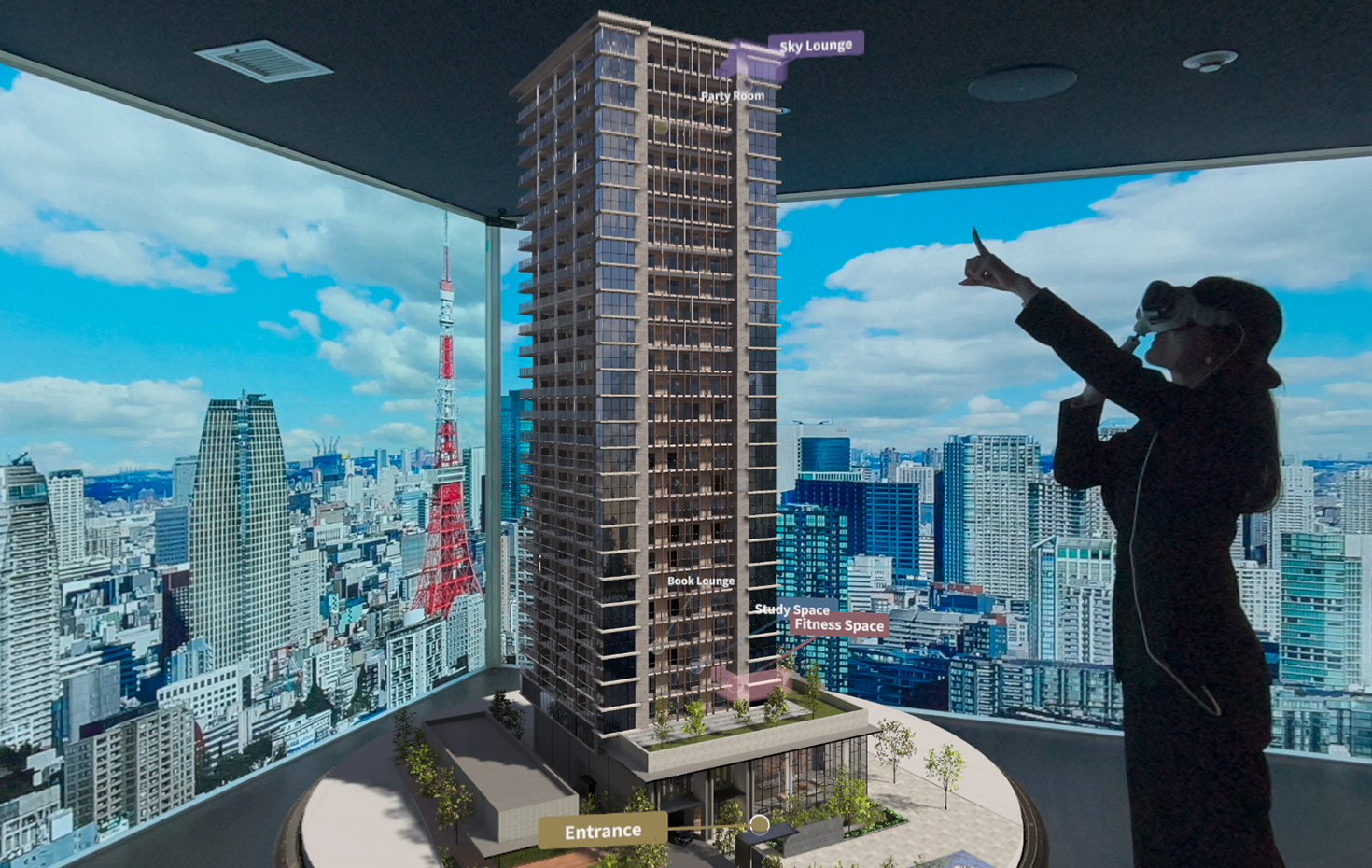 Apple Vision Proを装着すると、写真中央に映るマンションが視界に入ってくる