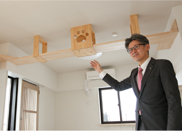 「猫と過ごす時間を楽しむ家」のリビングルーム。