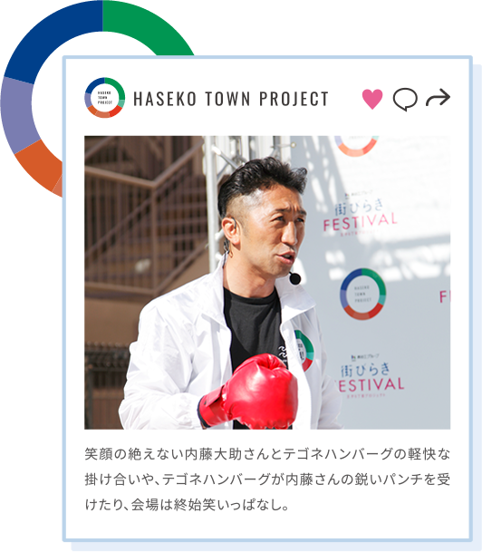 笑顔の絶えない内藤大助さんとテゴネハンバーグの軽快な掛け合いや、テゴネハンバーグが内藤さんの鋭いパンチを受けたり、会場は終始笑いっぱなし。