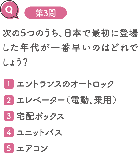 第3問 次の5つのうち、日本で最初に登場した年代が一番早いのはどれでしょう？ 1 エントランスのオートロック 2 エレベーター（電動、乗用） 3 宅配ボックス 4 ユニットバス 5 エアコン | 長谷工の歴史＝日本のマンションの歴史